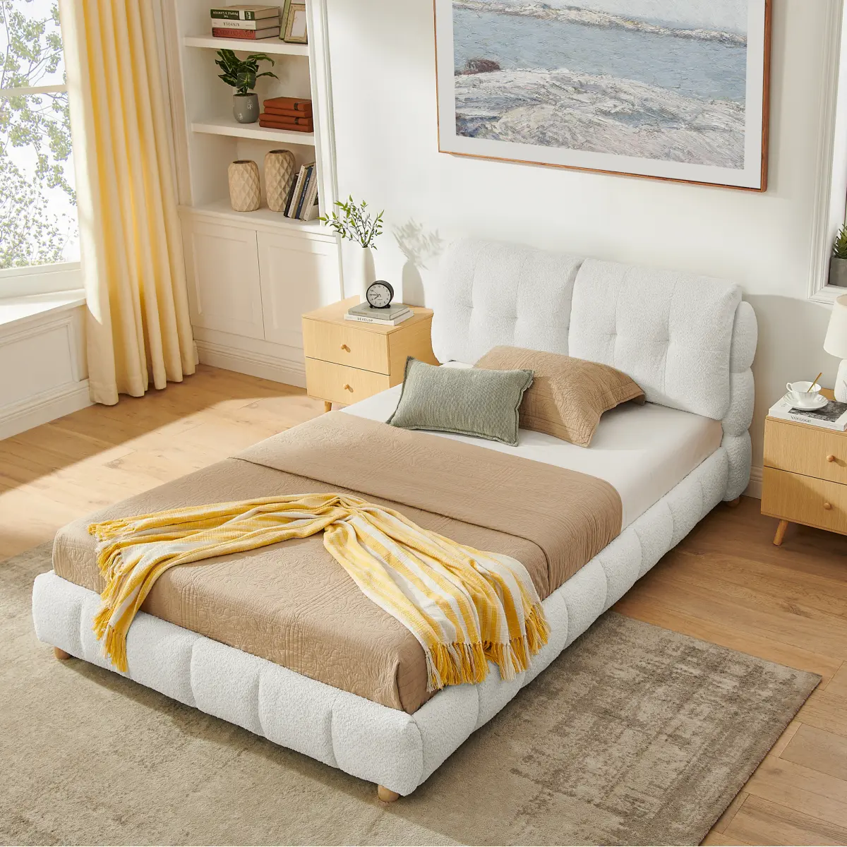 [Bellemave] Cream Style Bouclé Fabric Platform Bed with Headboard, Soft Cloud-Like Upholstered Frame with Solid Wood Legs, No Box Spring Needed