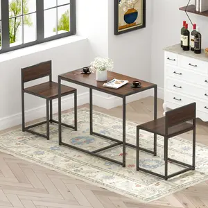 Soges Space-Saving Dining Table Set for 2, Nesting Kitchen Table & Chairs Set for Small Apartment, Kitchen, Dining Room, Heavy Duty Metal Frame, Easy Clean, Walnut Finish 2-Seat Set