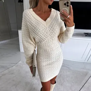 ChicMe 2026 Women V Neck Knit Sweater Dress Pullover Hollow Out Casual Batwing Sleeve Mini Bodycon Dress
