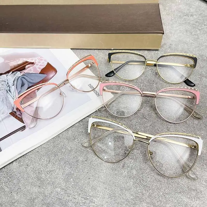 Women's Korean Style Cat Eye Decoration Eyewear - Photochromic Lenses, Rhinestone Metal Frame, Protective Screen Viewing Blue Light Glasses, DIY Luggage & Bag Accessory, Protective Eyewear, Screen Viewing Eyewear