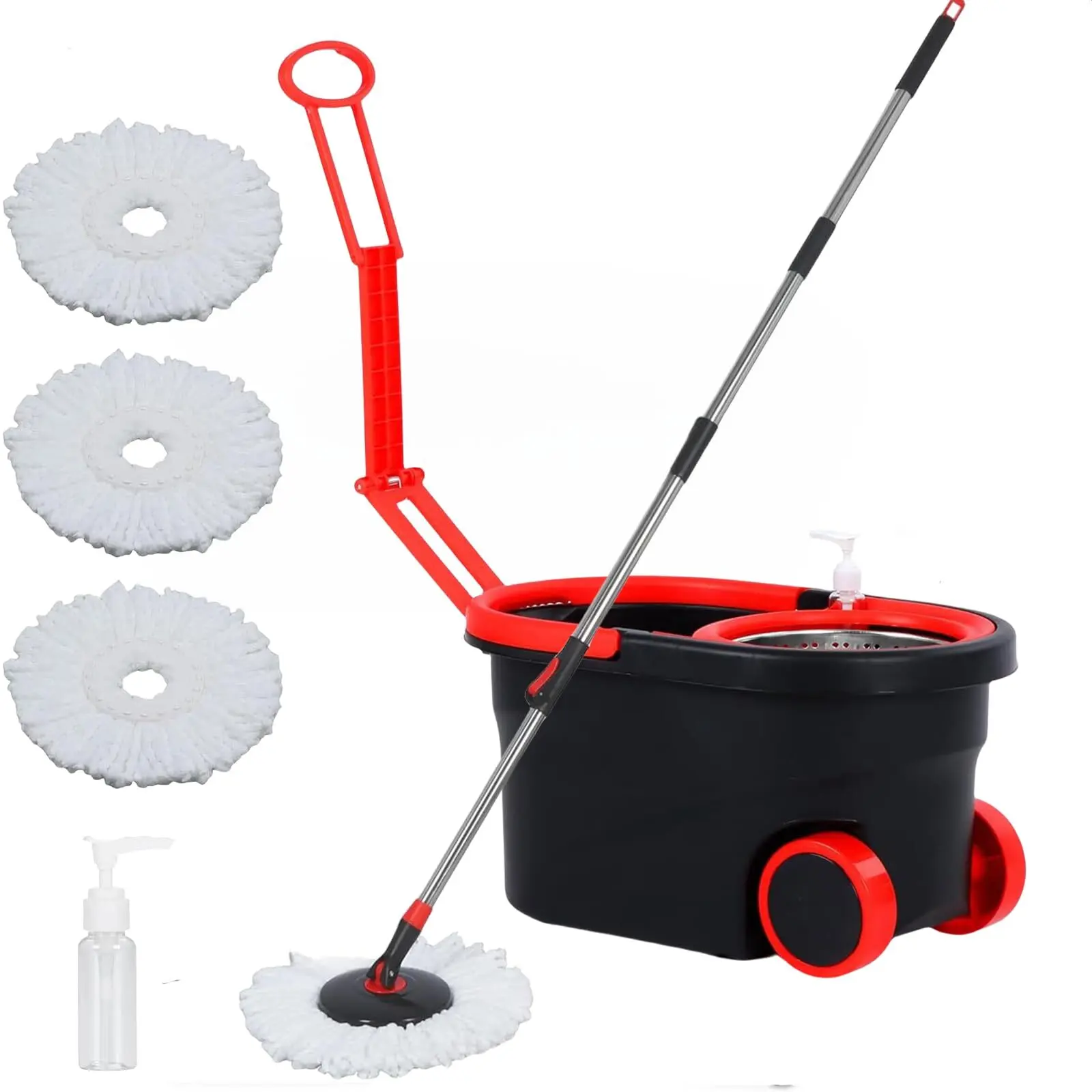 Spin Mop and Bucket with Wringer Set on Wheels360° Spinning Mop Bucket System for Floor Cleaning Mop and Bucket Set with 3 Microfiber Mop Replacement Heads and 61" Stainless Steel Adjustable Handle