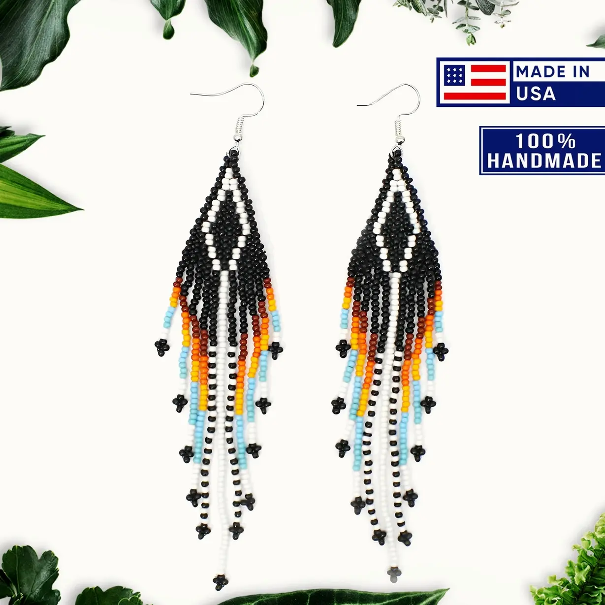 Black Multi-Color Hook Pattern Beaded Handmade Earrings For Women