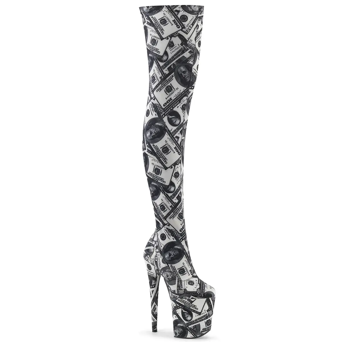 Pleaser Women's Flamingo-3000DP Dollar Print Thigh-High Platform Boots, 8-Inch High Heeled Fabric Booties for Alt Girls, Alternative Style Party Wear with Side Zip, High Heeled Booties, 8 Inch Heels