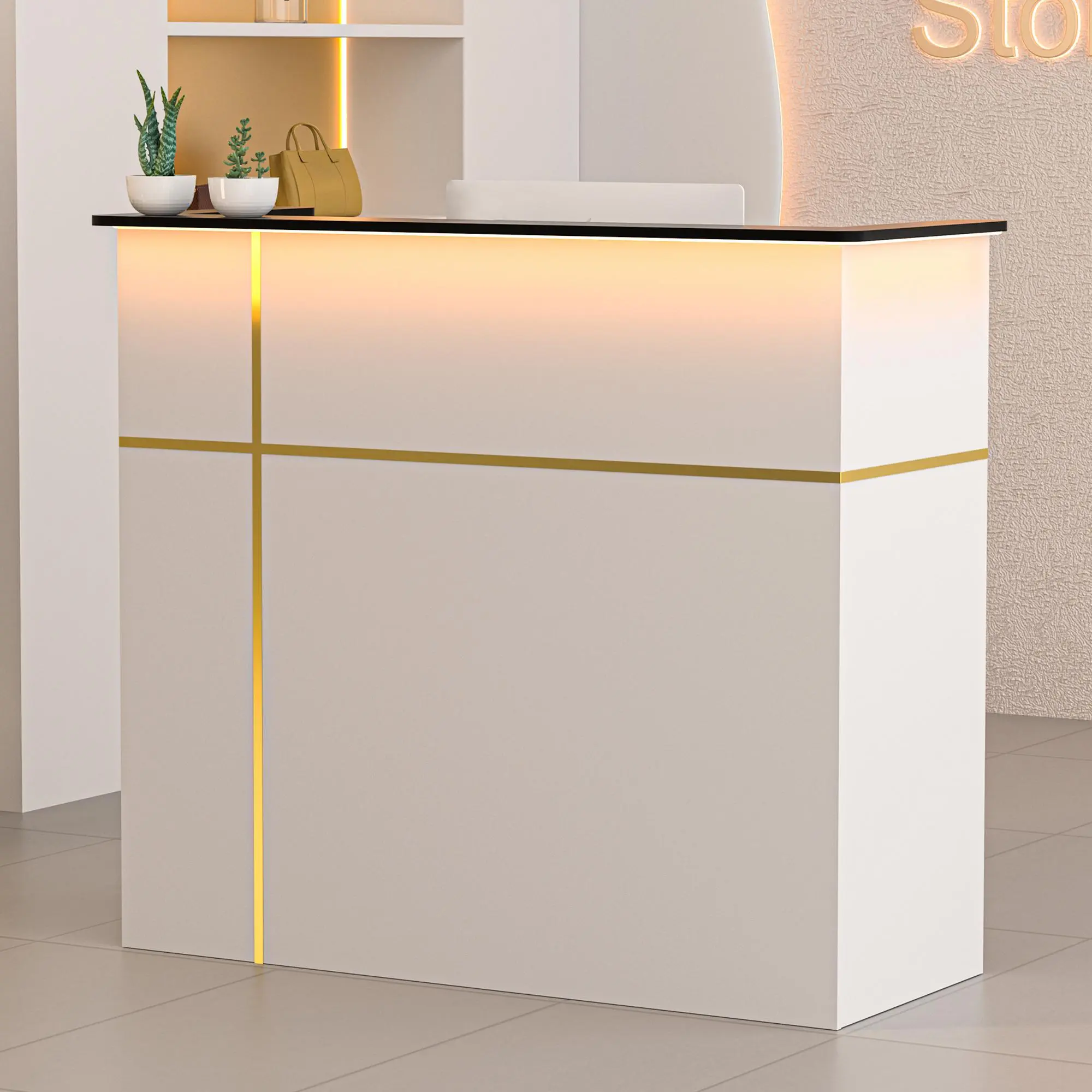 Spurgehom All-in-One Reception Workstation: A 50-Inch Desk with Counter, Lockers, Storage Shelves, and Optional LED Lights/DIY Stripe for Lobbies, Salons, Retail, Home Offices, and Reception Areas summervibes Executive Desk Modern Corner Desk homeessentia