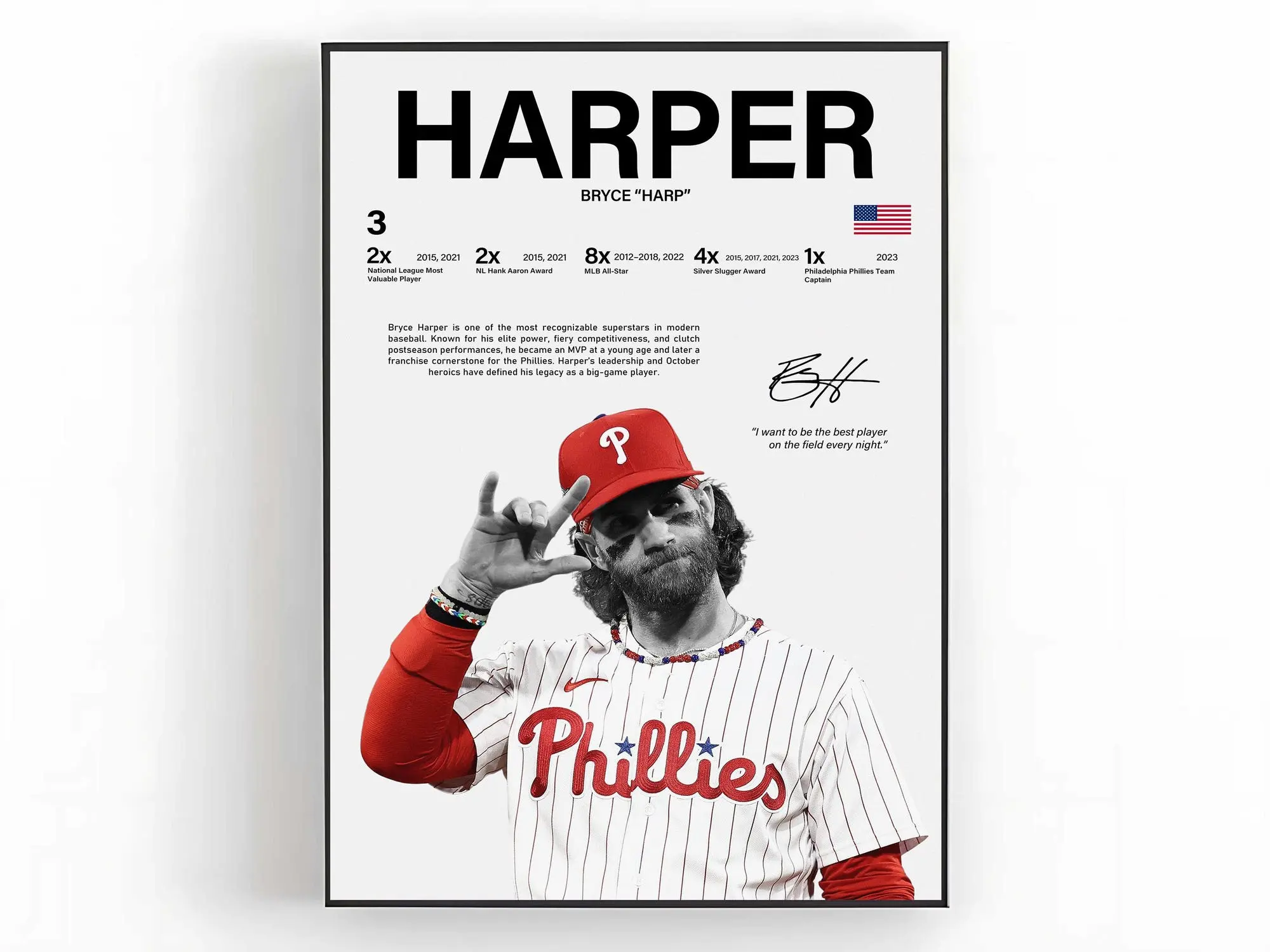 Bryce Harper Poster Wall Art Baseball Print Sports Room Decor Fan Gift( Unframed- Print Only )
