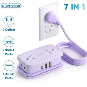 NTONPOWER Travel Power Strip, Cruise Essentials 7-in-1 Compact Portable, 4 AC Outlets 3 USB Ports (USB-C Fast Charging 65W/15W),  4FT Wrapped Around Extension Cord Home Office,  Perfect Gift for Purple & Blue Travel Essentials