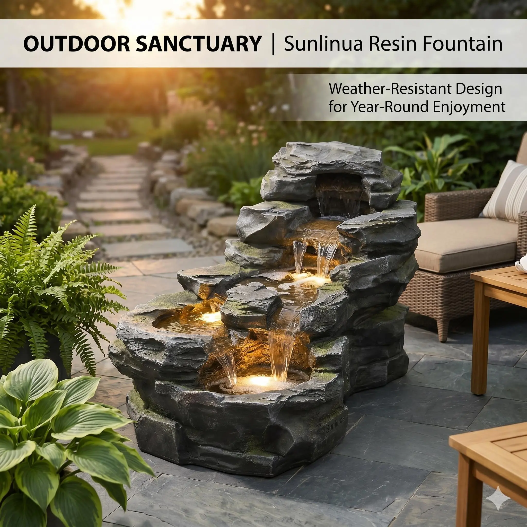 Tankana Electric Outdoor Rock Waterfall Fountain with LED Light, Cascading Waterscape Decor for Garden, Patio Home Accent, Led Lighted Fountain