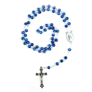 Fashion Round Glass Beads Catholic Rosary Necklace Pendant Religious Crucifix Christian Gift for Women Men
