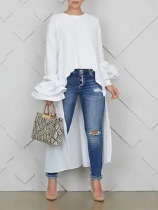 Women's Plain Basic Long Sleeve High Low Blouse, Shirts, Casual Business Top, Casual Fitted Top for Everyday Wear, Ladies Clothes for All Seasons, Womenswear