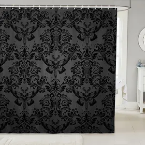 Feelyou Gothic Aesthetic Shower Curtain Set - Waterproof Gothic Vintage Floral Black Damask Washable Bathroom Curtain for Girls, Essential Household Textile Bath Accessories, Waterproof Shower Curtain
