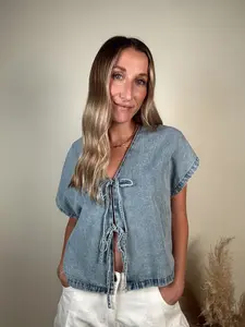 Women's Cotton Denim Tie Blouse, Adjustable Casual Style Shirts