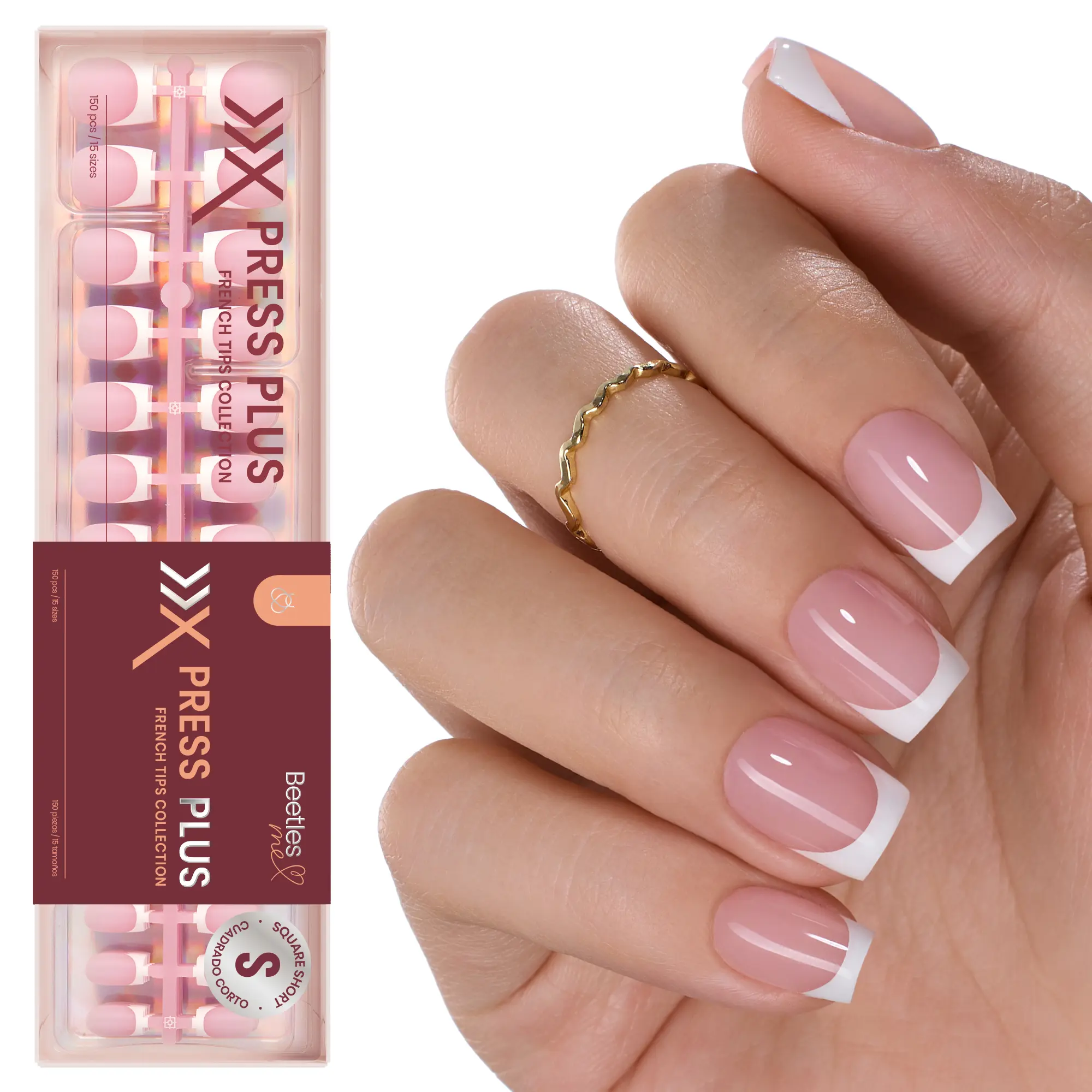 Beetles French Tips Press On Nails - Pink&Brown Fake Nail Tips, Soft Nail Gel False No Nail Glue Included Nails Art DIY Nail Art Salon Quality Manicure Gift For Women