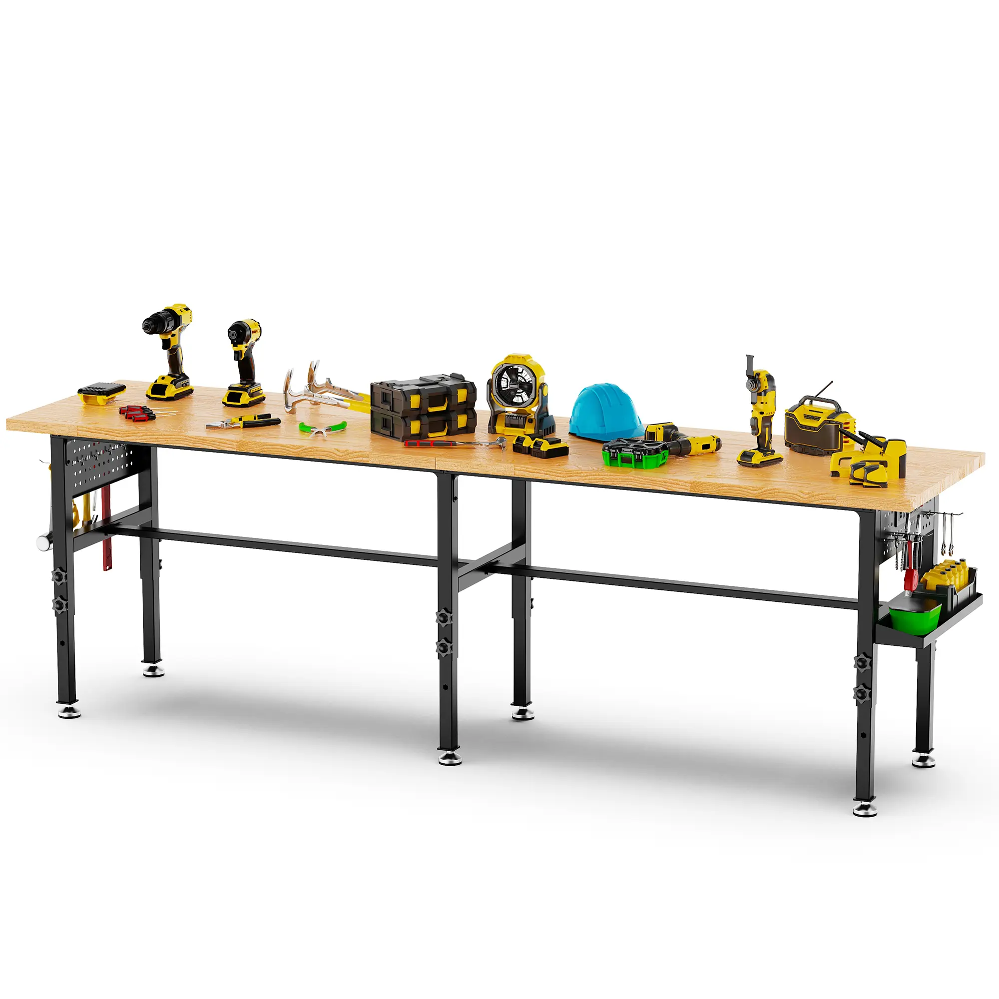 Solid Wood Top Workbench, 96-Inch, 2000 lbs Capacity, Adjustable Height, Side Pegboard, Built-In Power Outlet, Storage Box, Wheels or Leveling Feet, Black Metal & Wood