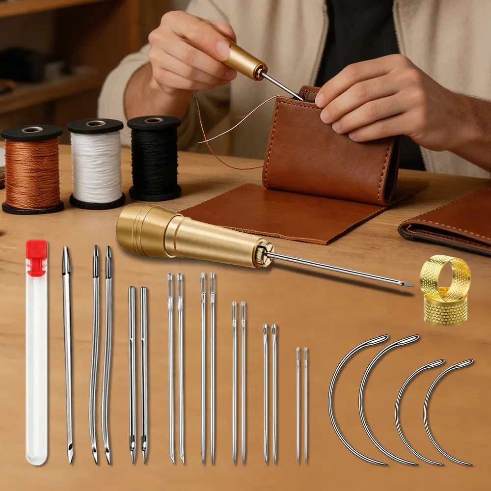26-Piece Leather Sewing Awl Set – Copper Handle Needle Kit with 3 x 50m Thread Rolls, 2 Thimbles, 6 Awl Needles & 14 Sewing Needles – Complete Hand Stitching Tool for Leather, Canvas, Upholstery