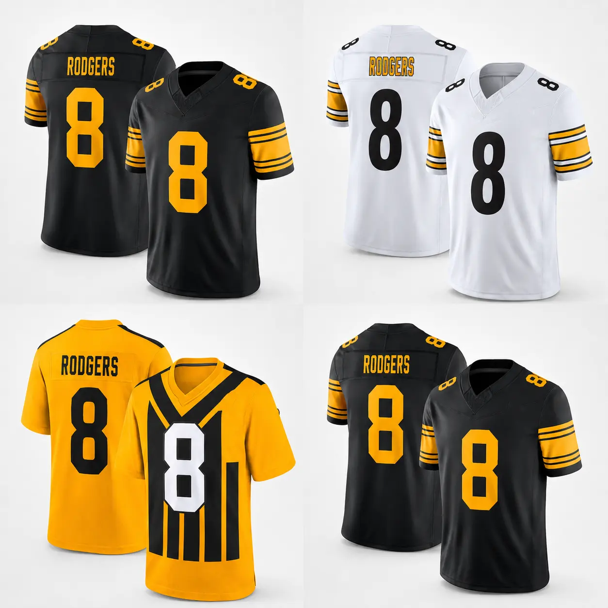 Pittsburgh Football Jersey #8 Rodger Stitched Player Shirts with Full Logo Details - Black Gold White Game Day Fan Apparel (All Versions)