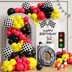 132Pcs Race Car Balloon Arch Kit, Party Decorations With Red Black Yellow Balloons, Checkered Wheel Tire Balloons For One Two Fast Birthday Party Decorations For Boys