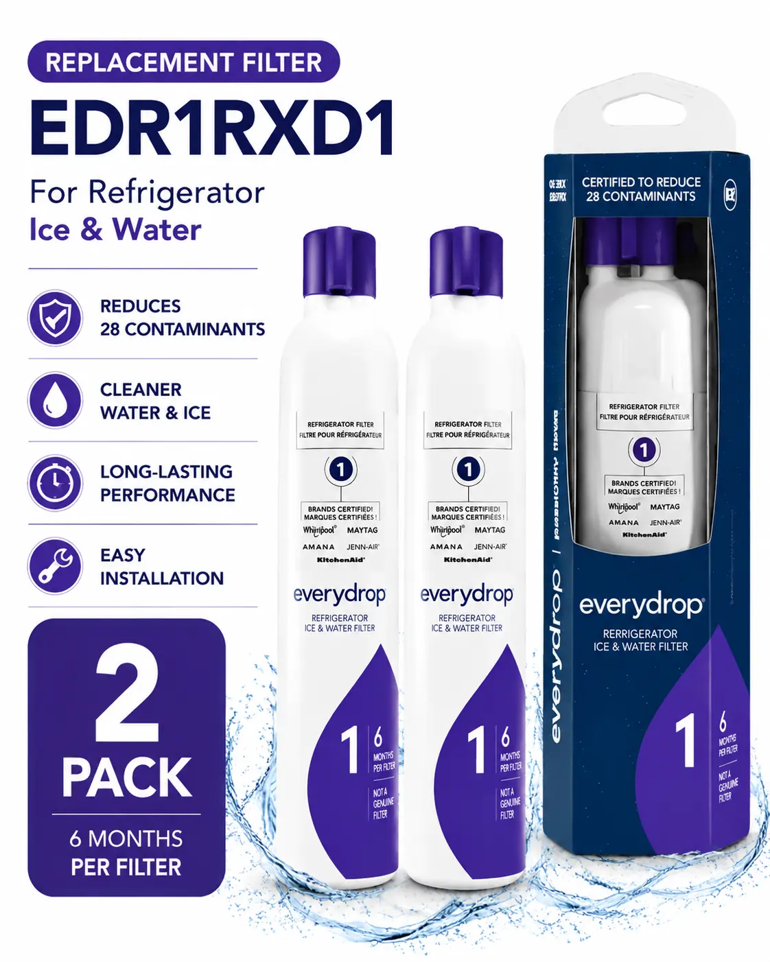 EDR1RXD1 Refrigerator Water Filter, Replacement for EveryDrop Filter 1, Fits Whirlpool, Maytag, KitchenAid, Amana & JennAir, Replaces W10295370A, P4RFWB, 46-9081, NSF Certified,2pack, 6 Months, Chlorine Removal Filter
