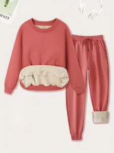 Women's Casual Long Sleeve Sweatshirt Set, Regular Fit Drawstring Design, Fall & Winter Fitted H-Type Sweatsuit, Plain Natural Waist Pants