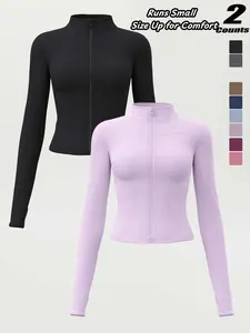 Women's High Elastic Stand Collar Thumb Hole Slim Fit Yoga Top, Breathable Long Sleeve Running Jacket, Spring & Fall Sportswear, S-Xxxl Sizes，“Size Up for a Better Fit”