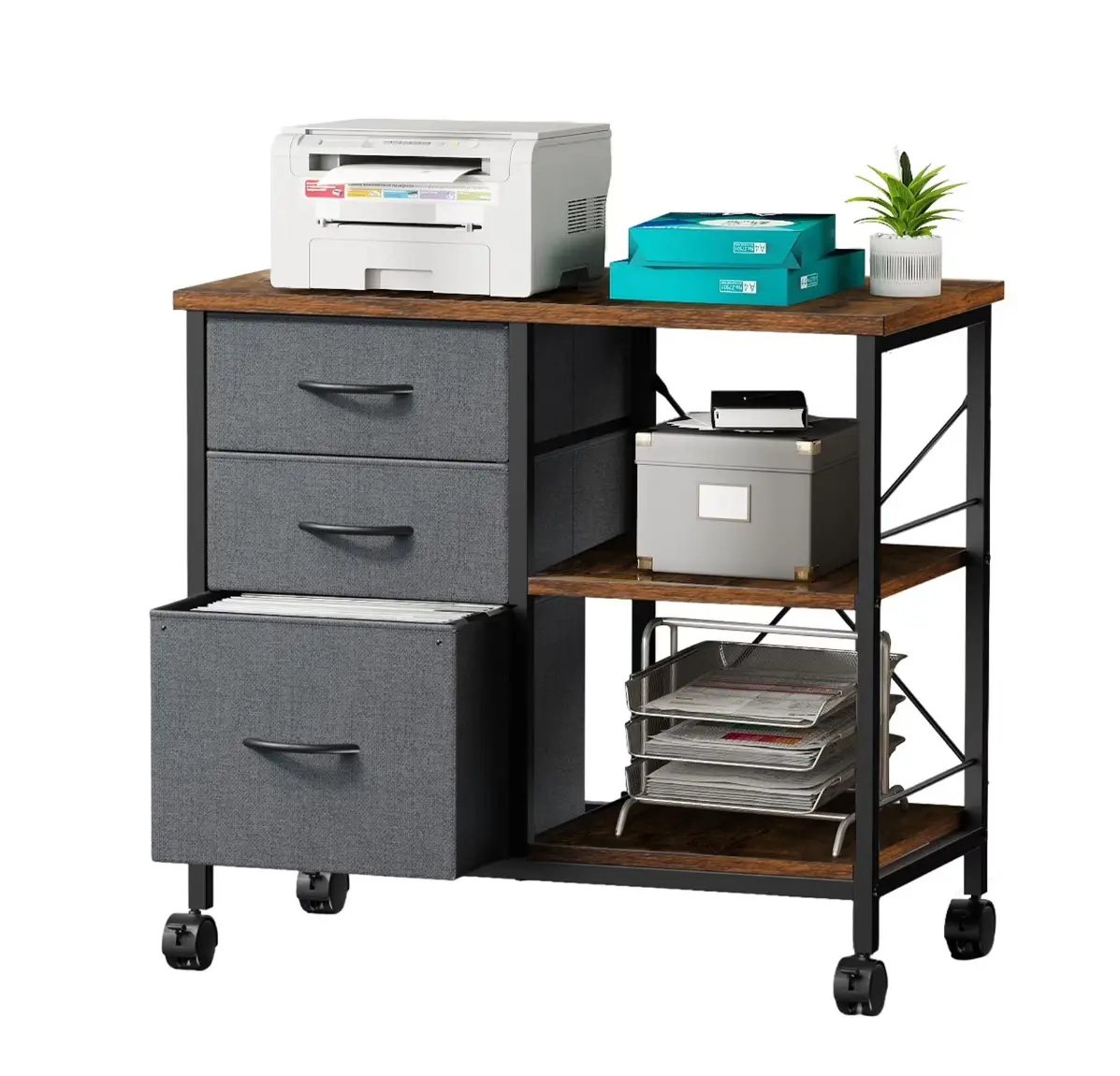 Rolling File Cabinet with 3 Drawers, Fabric Lateral Filing Storage for A4/Letter Size, Mobile Printer Stand with Open Shelf for Home Office, Rustic Brown
