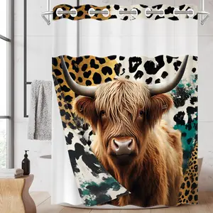 1pc hookless shower curtain with buckle lining, 2D flat printing of brown cow leopard spots, waterproof fabric lining, double-layered shower curtain with see-through window design, 71 x 74 inches, modern home drape, Bathroom Curtain, Shower Curtain Liner