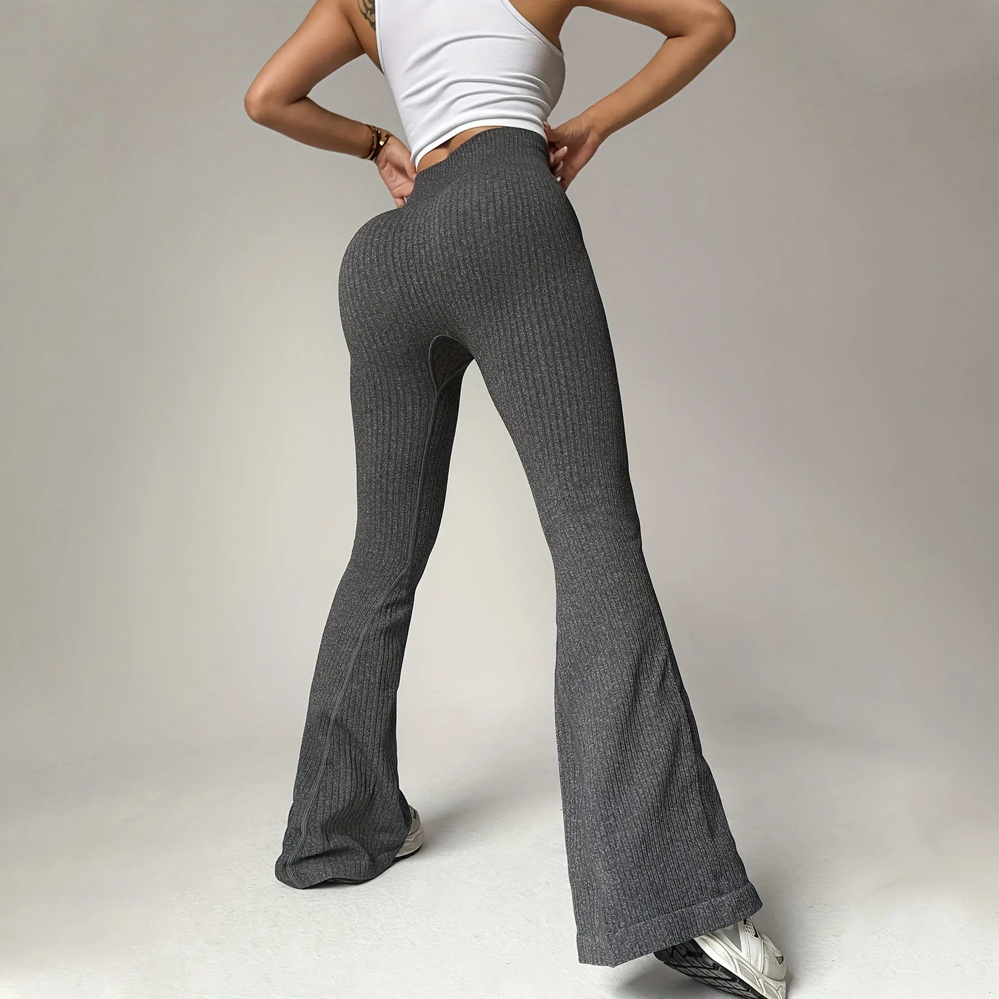 Women's High-Waisted Ribbed Flared Yoga Leggings - Super Soft Stretchy Hip Lift Compression, Loose Fit Long Pants for Gym, Workouts & Casual Wear, All-Season Machine Washable Yoga Pants, Workout Leggings, Comfortable Fabric, Activewear Bottoms