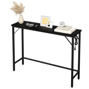 Modern Narrow Console Table with Charging Station and Storage - Sturdy MDF & Metal Hallway or Sofa Side Table - Easy Assembly, 110 lbs Capacity, White