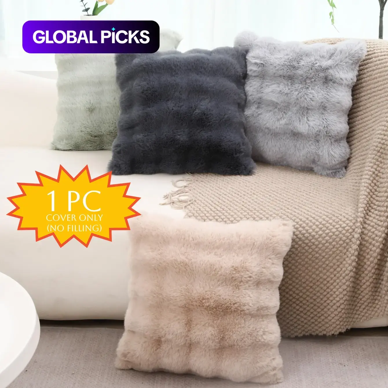 Solid-Color Faux Rabbit Fur Throw Pillow Cover, 1-Piece Soft Comfortable Square Pillowcase without Filler, Soft Furry Cushion for Home Living Room and Bedroom Decor, Room Cozy Accessories #GLOBAL PICKS