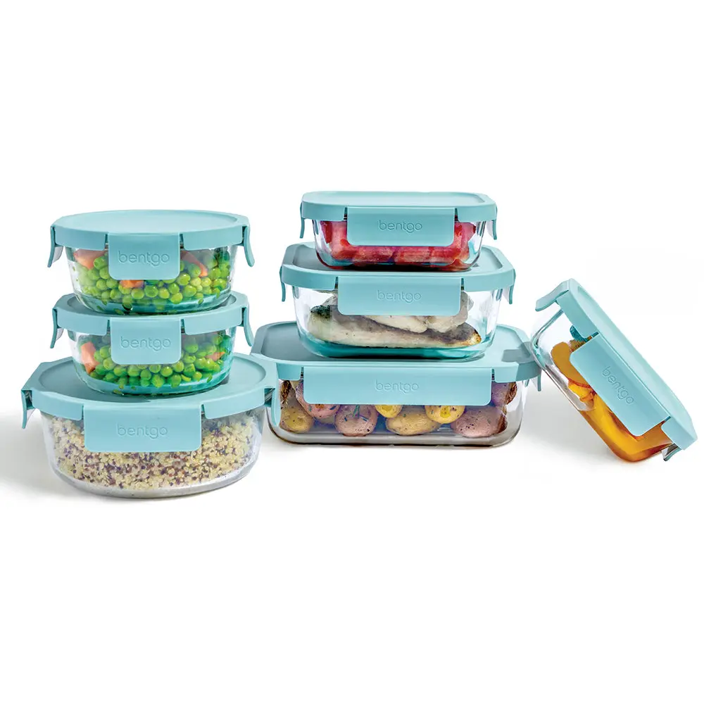 Bentgo Glass Leak-Proof Food Storage Set - Includes 14 Pieces, Meal Prep Containers with Airtight Lids, BPA-Free - Rectangular Kitchenware