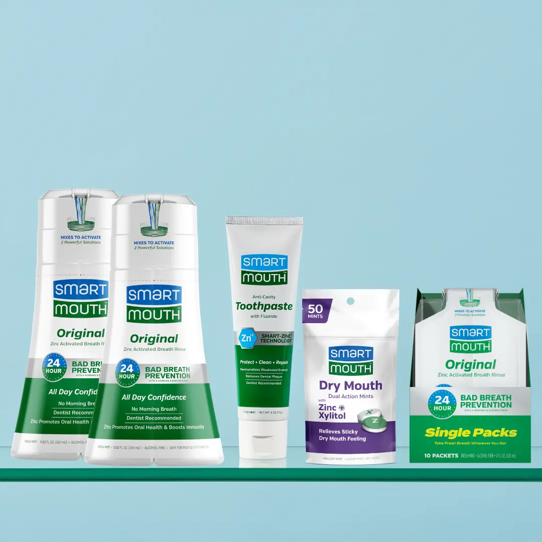 SmartMouth Fresh Breath Bundle – Original Zinc Activated Mouthwash (10.82oz 2 Pack) + Toothpaste (6oz) + Dry Mouth Mints (50 Count) & Original Travel Packs (10ct Box) | Fresh Breath & Oral Care