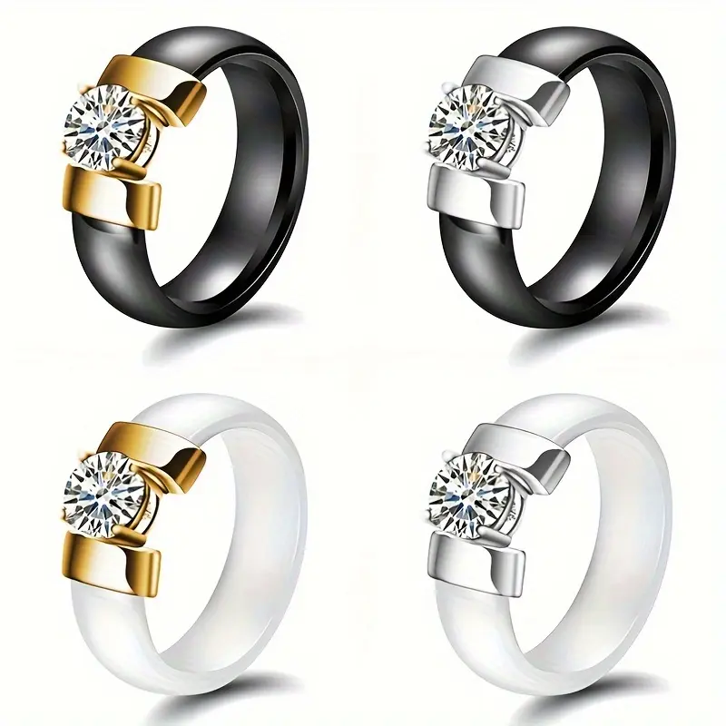 Elegant 7mm Ceramic Black & White Engraved Cubic Zirconia Ring - Minimalist Design for Men & Women, Daily Wear or Gift, All Seasons, Everyday Ring | Minimalist Style | Cubic Zirconia Stone, Zirconia Ring