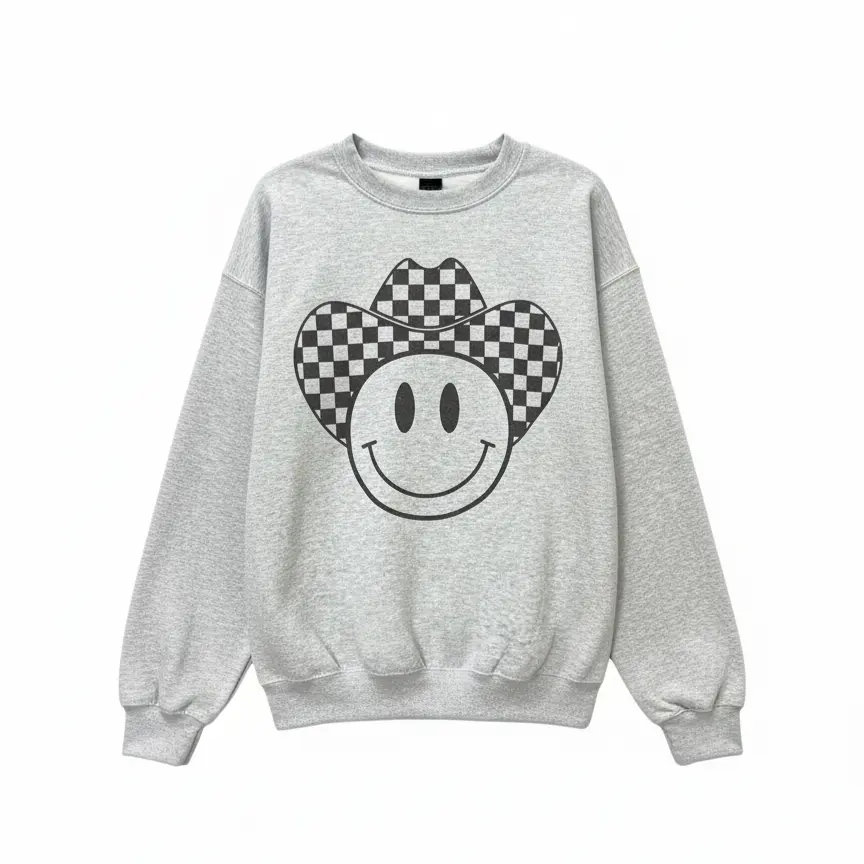 Checker Cowboy Crewneck Shirt, Western Graphic Pullover Oversized, Country Concert Shirt, Cowboy Smile Face Shirt, Cowgirl Style