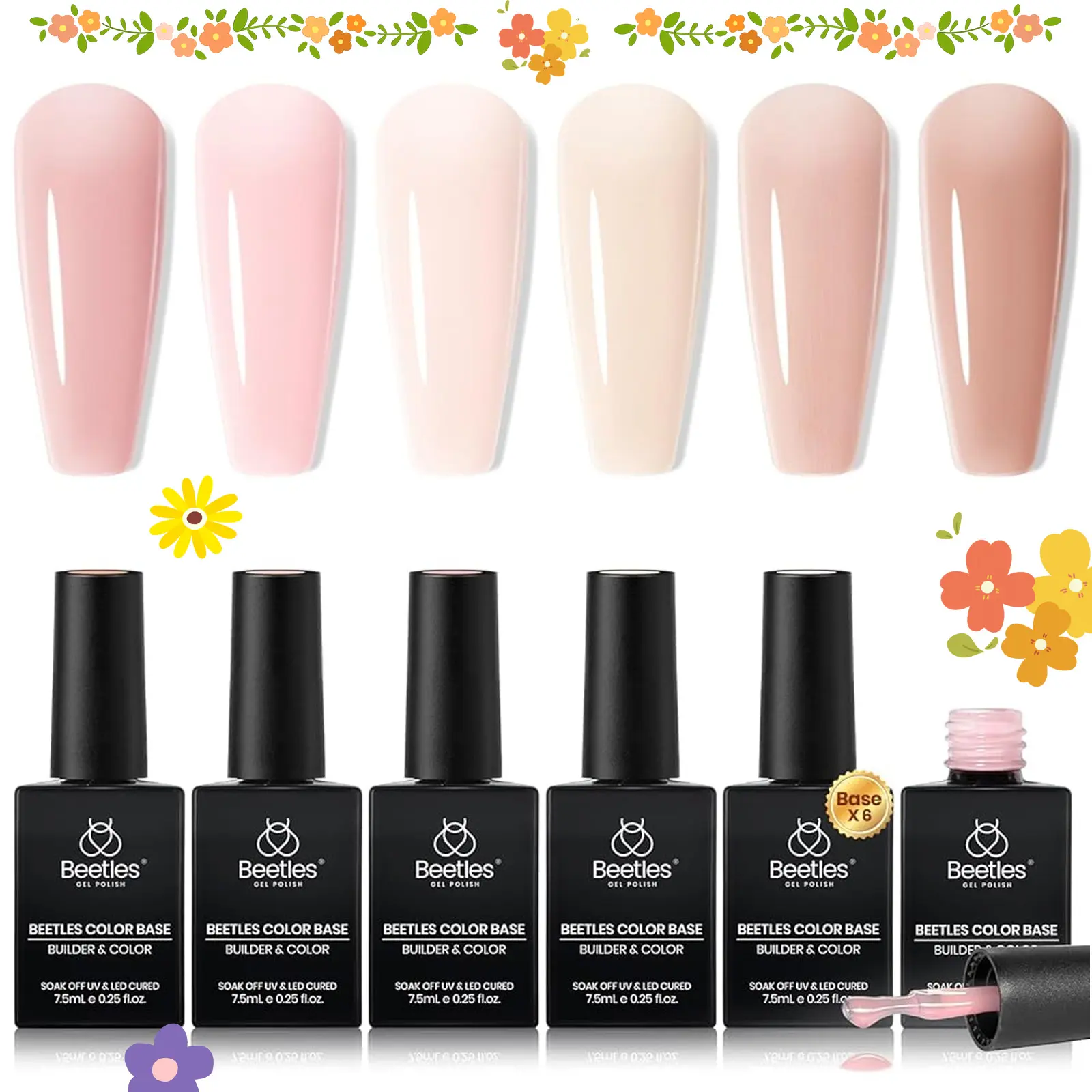 [Beetles] 6 Colors 5 In 1 Rubber Base Gel Nail Polish Set - 7.5mL Nude Pink Peach Neutral Sheer French Tips Soak Off Flexible UV LED Gel Kit for DIY Home Manicure
