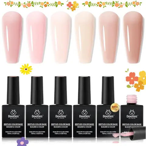 Beetles 5-in-1 Rubber Base Gel Nail Polish Set - 6 Resin-Infused 7.5mL Nude Shades, Alcohol-Free Low Odor Flexible Gel, Soak-Off Nail Care Repair Strengthener, Youth Glossy At-Home Manicure, Requires UV LED Light (Best for French Tips)