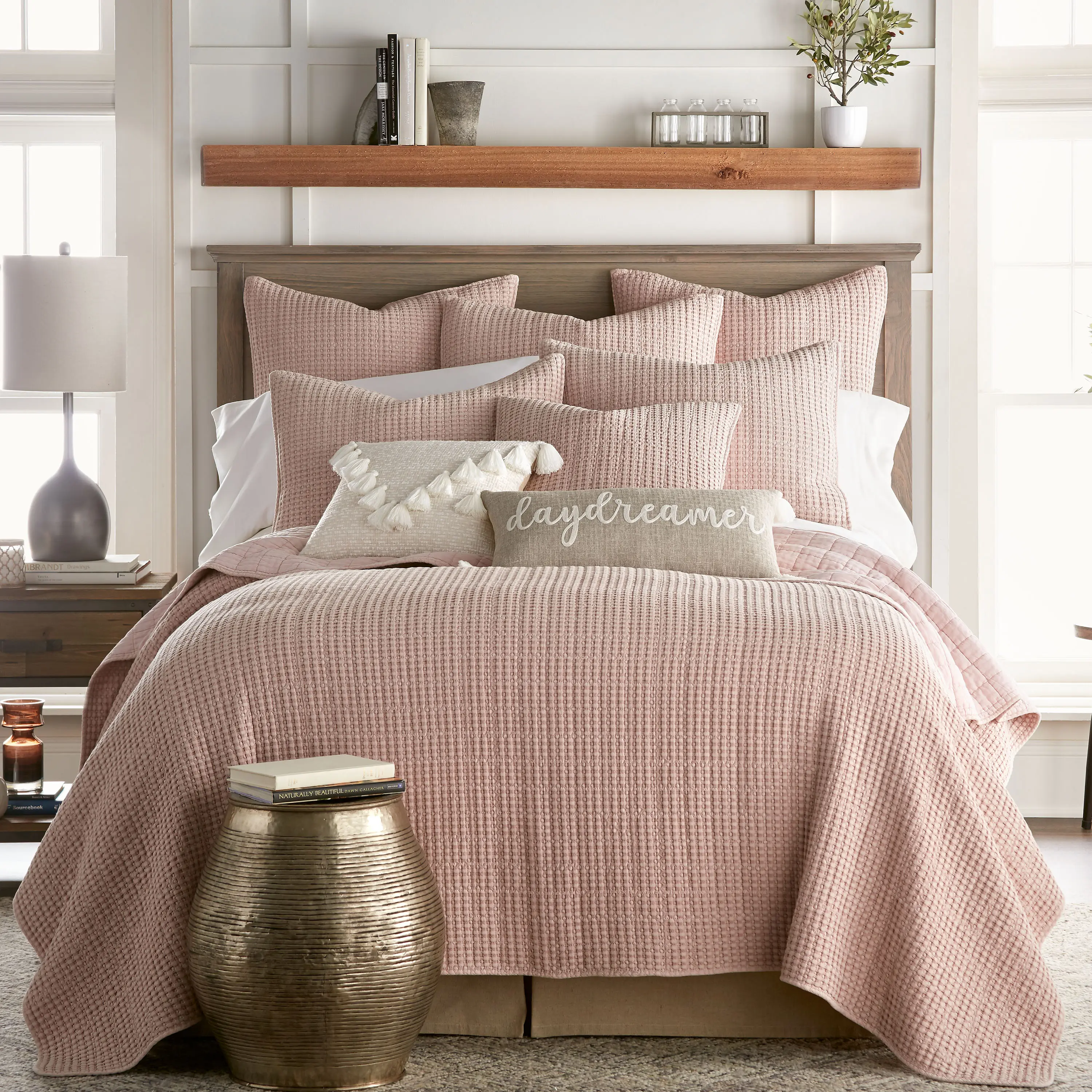 Levtex Home Mills Blush Cotton Waffle Quilt Bedspread Set - Full/Queen Soft Textured Bedding for Comfy Bed Setup, Quilt (88x92in), 2 Shams (26x20in)