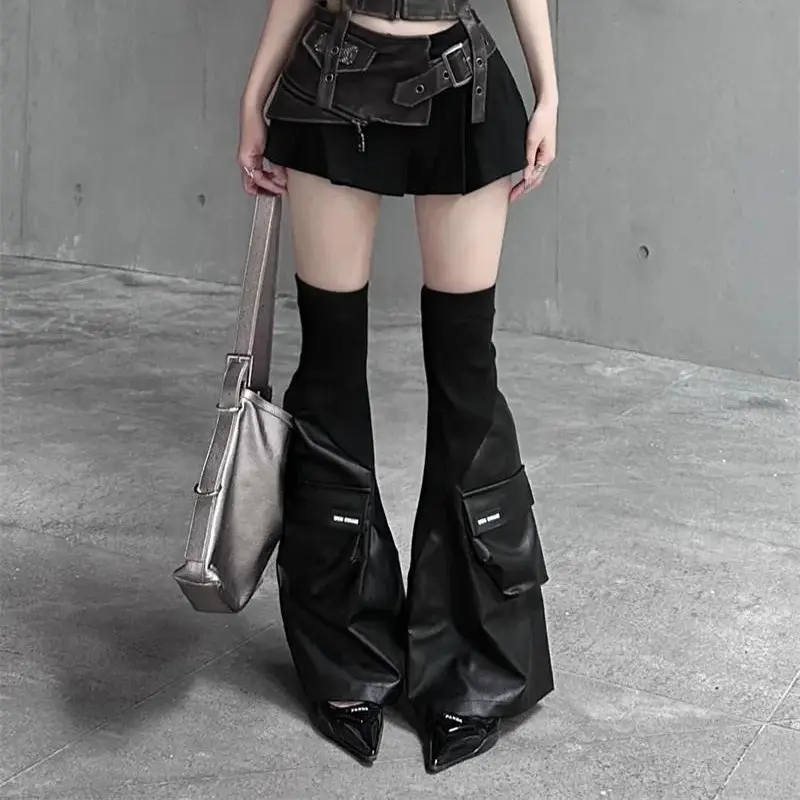 Slimming Stackable Mid Calf Socks Designer Niche Leather Sock Sleeves Gothic Baddie PU Leg Warmers Micro Flare