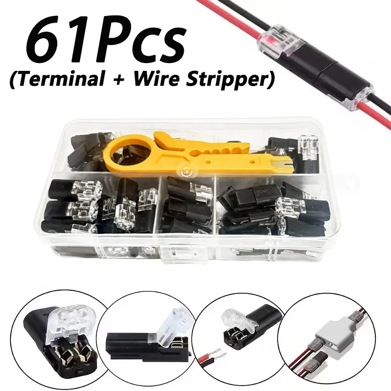 61pcs Double Wire Insertion Universal Connector, Plastic Connectors, Wire Quick Connectors, 2-Pin 2-Port, PVC Insulation, Copper Contact, Quick Connect, Locking Buckle, for LED, Car, Home Use