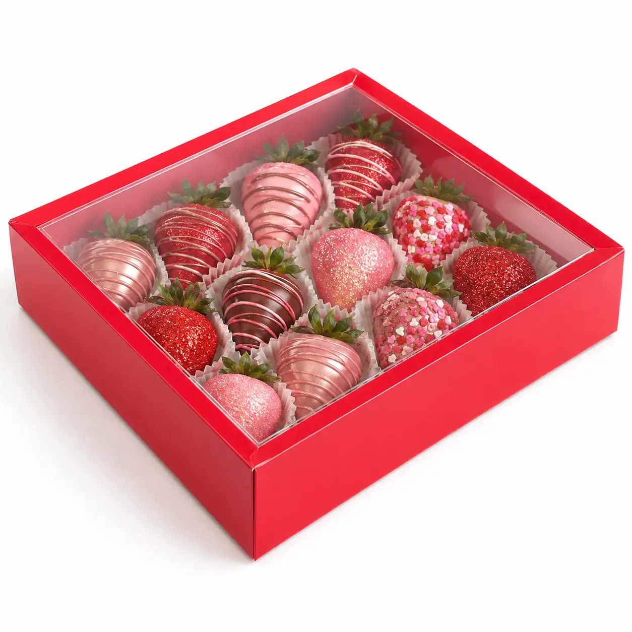 Chocolate Covered Strawberry Gift Box with Clear Lid – Red Dessert Bakery Packaging
