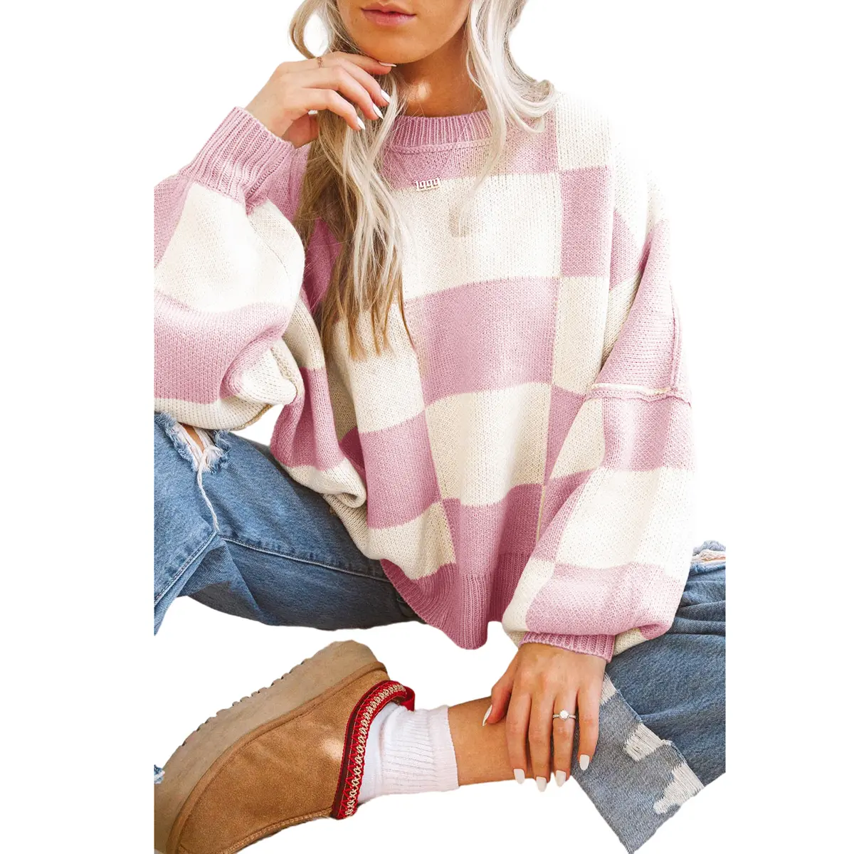 Mntaor Women's Checkered Sweater with Bishop Sleeve 100% Acrylic Casual Knitwear Relaxed Fit Round Neck Available in Multiple Colors - Comfort