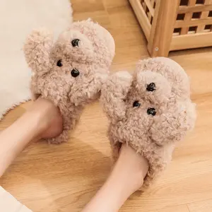 Cute plush teddy dog ​ ​   slippers for men and women, large size cotton slippers, casual style, comfortable for all seasons indoors and outdoors, hand washable fabric slip-on shoes with EVA sole Girl Footwear