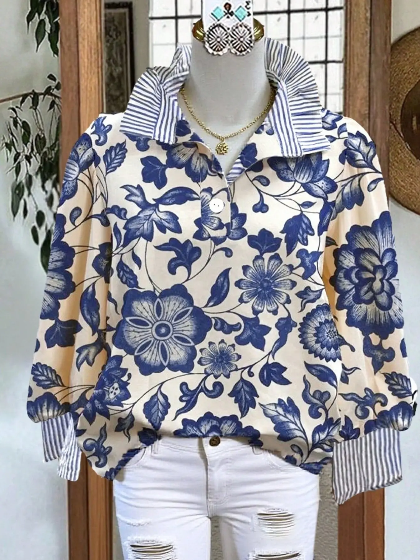 Women's Casual Boho Chic Streetwear Fall Winter Loose Floral Print Pattern Striped V Neck Button Long Sleeve Blouse Shirt, Comfortable and Stylish Top for Daily Wear