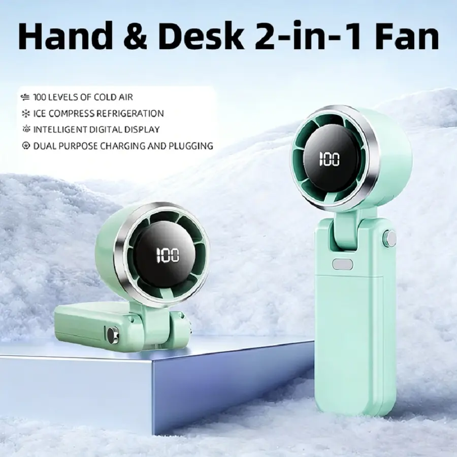 Portable turbine handheld fan, 5 wind speed settings, 5000mAh high-capacity battery, USB-C rechargeable, 3-in-1 handheld/desktop/travel mini fan.