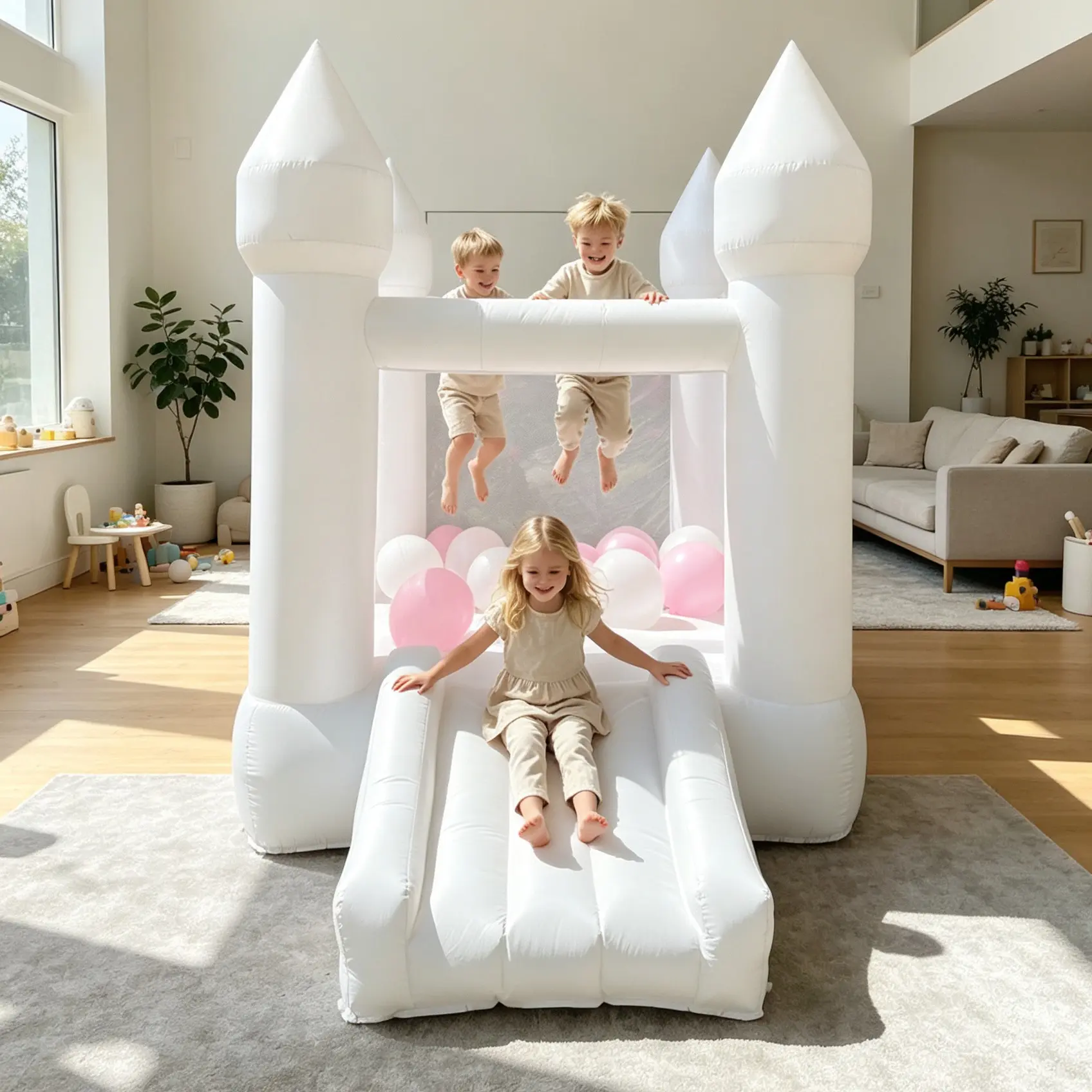 White Castle Theme Bouncer for Kids Ages 3-8, 103x71x90 Inches Oxford Bounce House with Slide & Blower, Easy to Use and Carry, Backyard Play Equipment with Anchor Stakes & Repair Patches, 160 lbs Capacity Indoor Outdoor Children's Birthday Gift