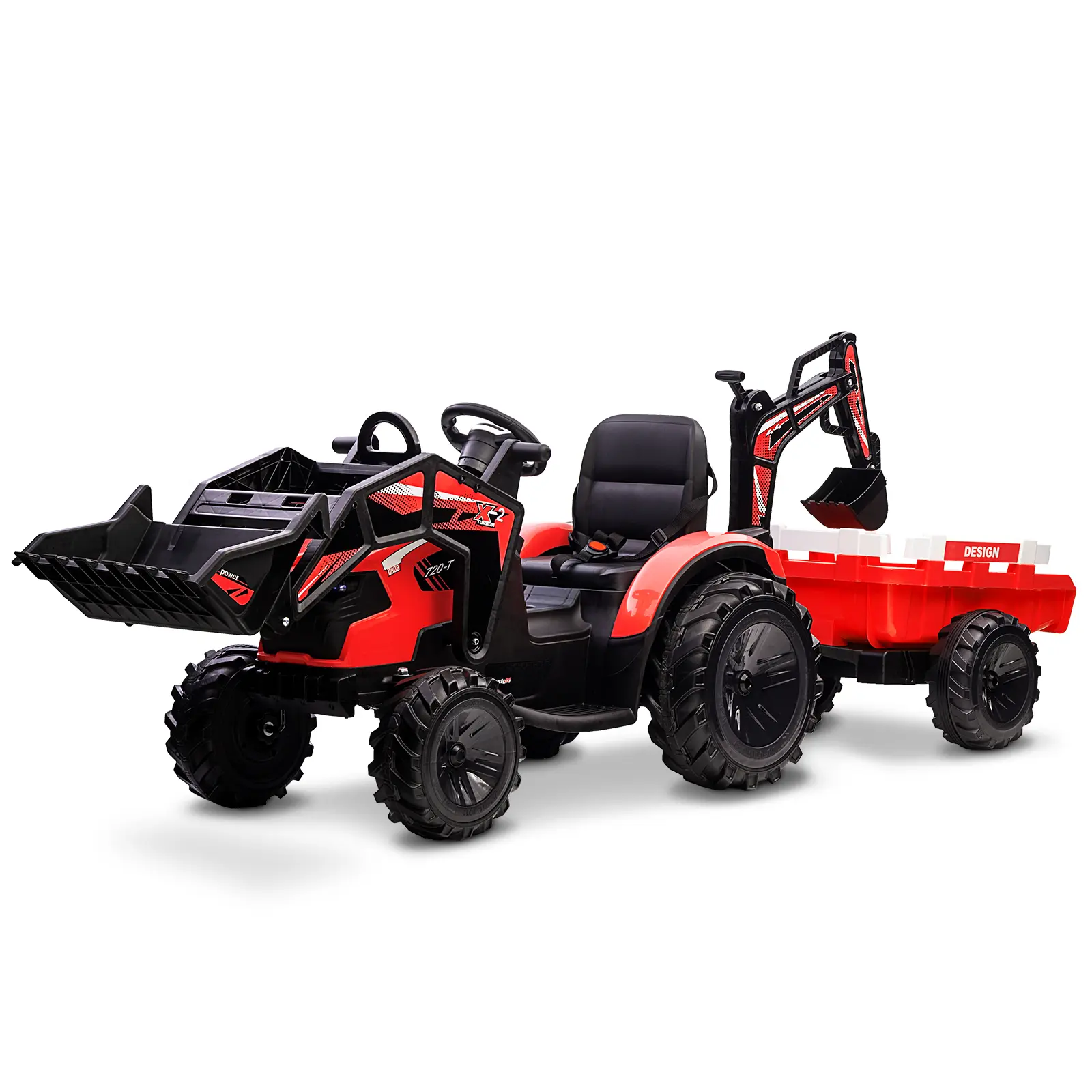 24V Battery Powered 3-in-1 Remote Control Construction Toy Car - Excavator/Bulldozer/Tractor, LED Lights, Music, USB Charging, Safety Belt, MP3 Port, Forward Backward Functions, EVA Material, Outdoor Play, Red, for 12+ Years Old, 7 Amp Hour Batteries