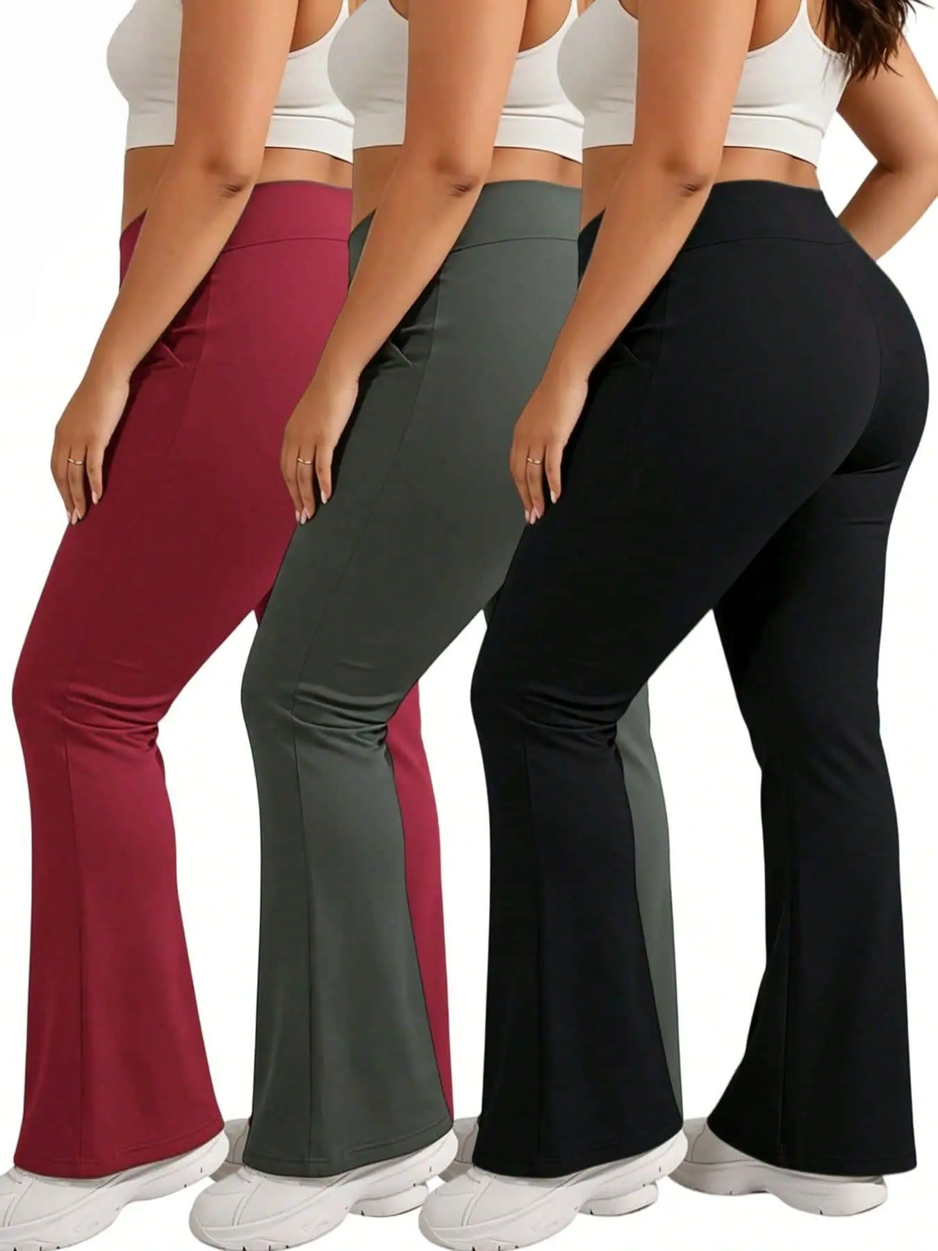 Women's 3-Pack High-Waisted Glute-Lifting Bell-Bottom Flared Pants, 4-Way Stretch Crossover Tummy Control Machine Washable Casual Athletic Pants (Black, Grey, Burgundy), Crossover Tummy Control Flare Pants