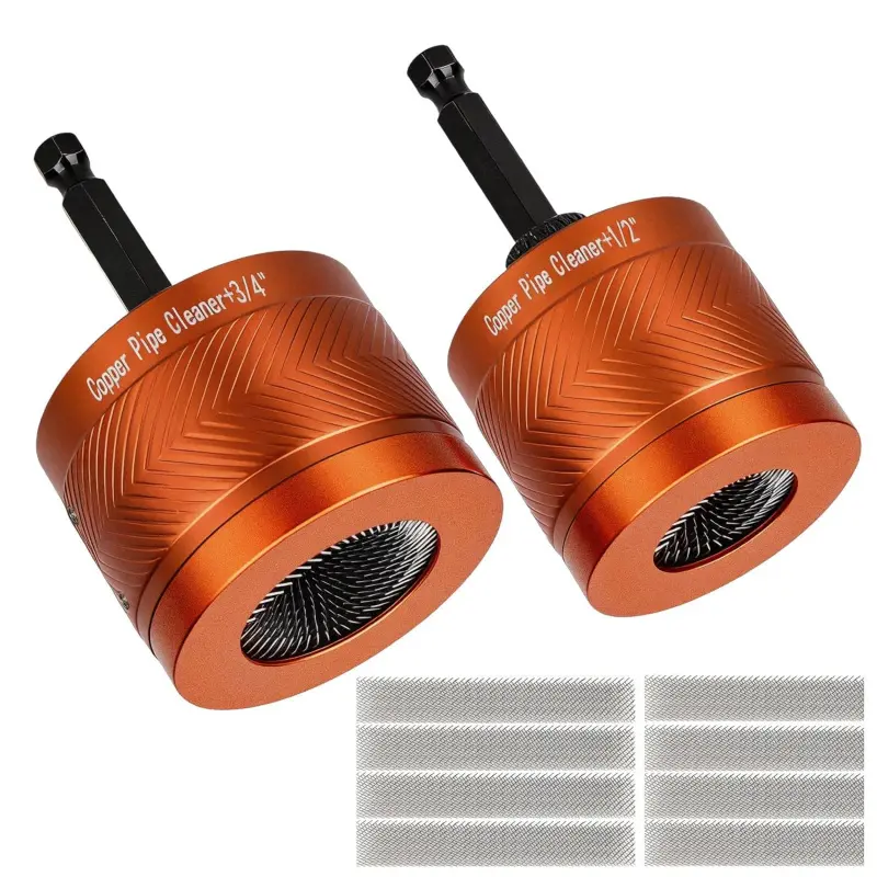 8PCS Durable Drill-Mounted Metal Pipe Cleaner Set (Orange) - 1/4"-Hex Shank, 1/2", 3/4", 1" Inches Abrasive Brush Blades, Tools and Gadgets Work Tools for Rust/Paint/Stain Removal on Copper Pipes, Multi-Size Set