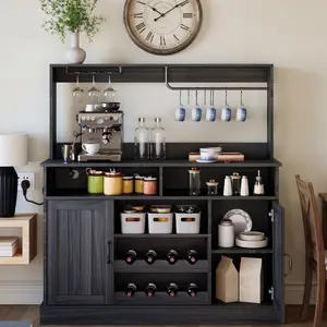 YJ-Garvee 47" Farmhouse Coffee Bar Cabinet with Storage, Buffet Cabinet with Goblet Holder, 5 Hooks, Power Outlets, Sideboard Cabinet Coffee Bar Table with Adjustable Shelves for Kitchen and Living Room in Dark Grey