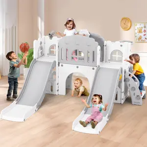 9 in 1 Toddler Slide Set with Double Slides Climber Basketball Hoop Tunnel Telescope Storage Non-Slip Steps Indoor Outdoor Playset for Toddlers Age 1-3+