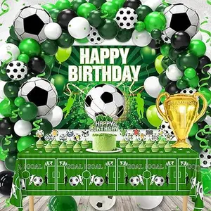 Soccer Birthday Party Decor Supplies with Soccer Balloons Banner Tablecloth Cake Toppers for Soccer Birthday Party Supplies Plastic Backdrop Wall Waterproof