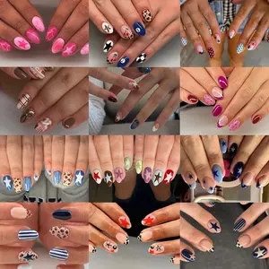 288pcs Acrylic Nail Tips Set, Short Oval Star Leopard Bow Stripe Cartoon Dot French Design, Reusable Fake Nails, False Nail Tips, Crazy Nail Art for Women Girls